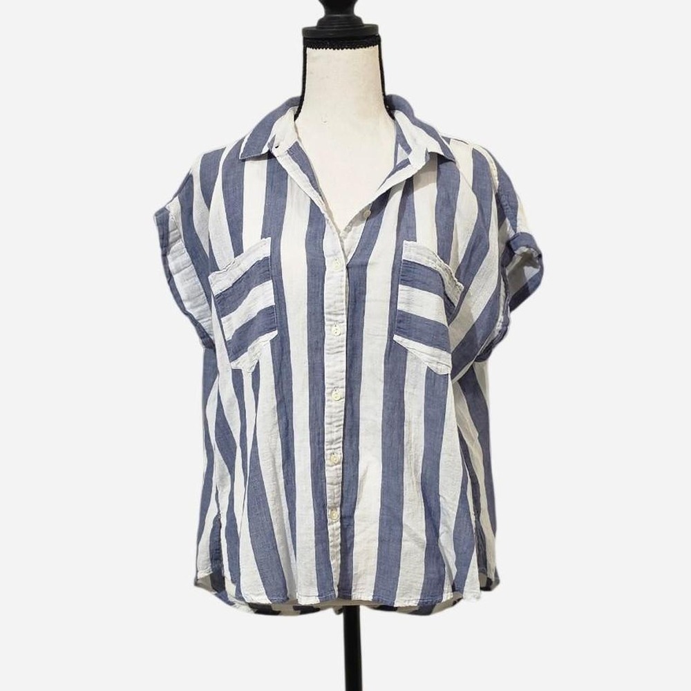 Lucky Brand Blue White Striped Linen Blend Button Up Shirt Coastal Casual L